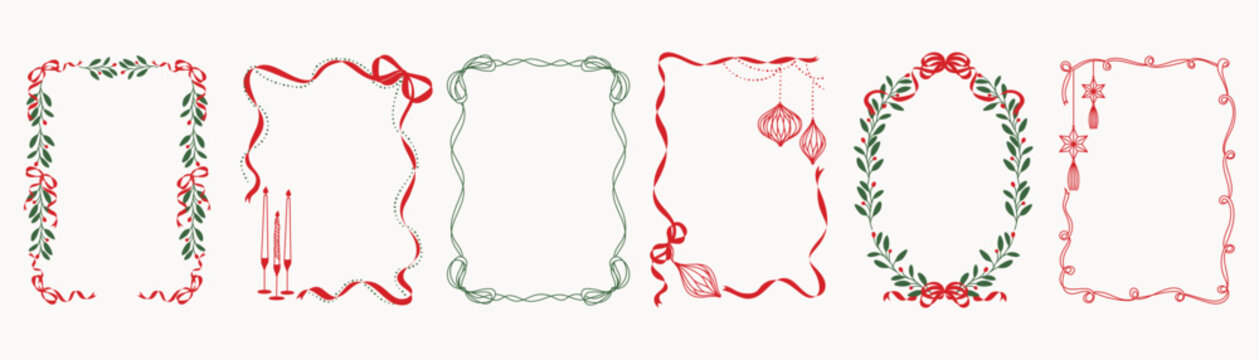 Christmas and New Year decorative frames vector illustration with red green holly wreaths ornaments ribbon curves and winter foliage &mdash; festive design for greeting cards and seasonal prints