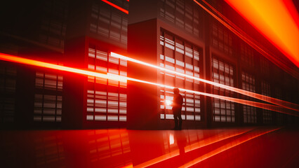 Technician works with laptop in modern data center environment