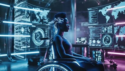 Woman in wheelchair navigates futuristic holographic data streams in a high-tech control room - Powered by Adobe