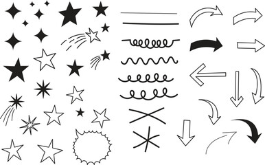 Hand drawn doodle elements stars arrows swirls and lines collection