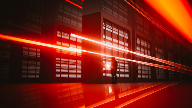 Technician works with laptop in modern data center environment