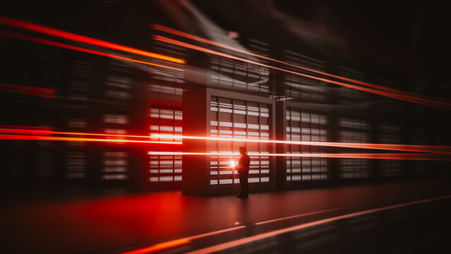 Technician works with laptop in modern data center environment