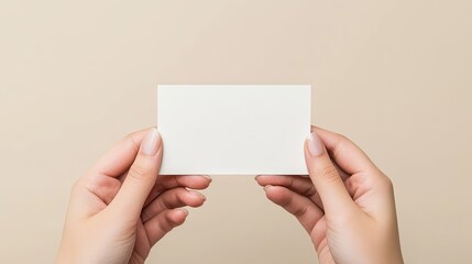 Hands Holding Blank White Business Card Against Soft Pastel Background for Branding or Design Purposes in Professional Settings