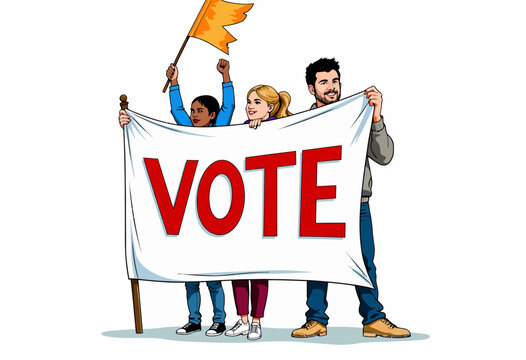 Young Diverse Group Standing United with Enthusiasm for Voting Advocacy Holding Banner and Flag Promoting Civic Engagement and Democratic Participation