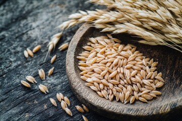 Fototapeta premium Oats grains filling wooden spoon with dry harvest cereal
