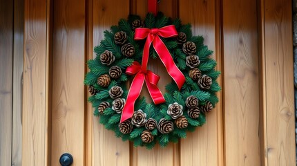 Christmas wreath with pinecones and red ribbons hanging on a wooden door