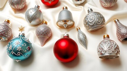 Glittering Christmas ornaments arranged neatly on a soft white fabric background