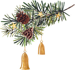 Watercolor Christmas Pine Branch with Ornaments