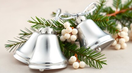 Silver Christmas bells with pine sprigs and small white berries