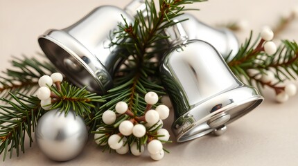 Silver Christmas bells with pine sprigs and small white berries