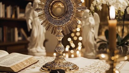 Sacred monstrance and glowing candle create a divine atmosphere for worship and reflection