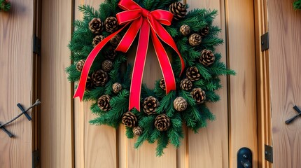 Christmas wreath with pinecones and red ribbons hanging on a wooden door