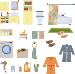 Bathroom furniture and accessories in a flat style, vector illustration. Concept of hygiene items and home laundry.