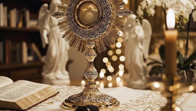 Sacred monstrance and glowing candle create a divine atmosphere for worship and reflection