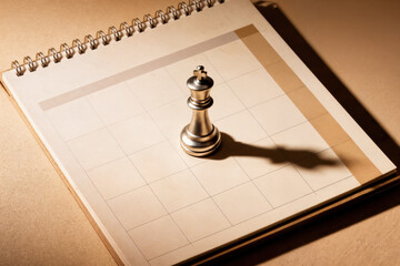 A silver chess queen piece sitting on a blank calendar page with grid lines and a spiral binding