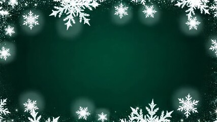 Festive snowflake border with bokeh and glitter on dark green background - Powered by Adobe