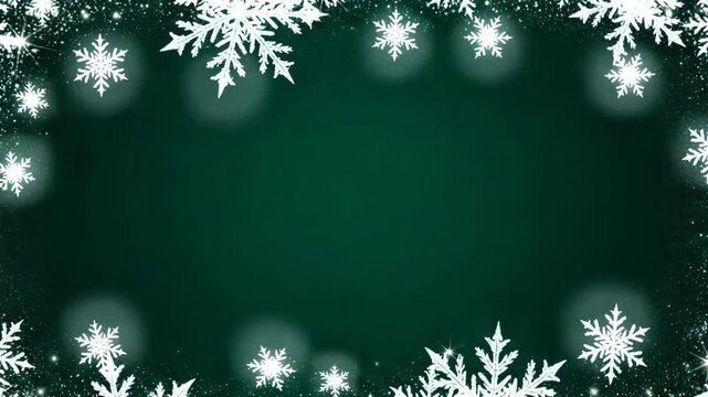Festive snowflake border with bokeh and glitter on dark green background