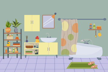 Cozy bathroom interior design with bath, sink, mirror, shelves, and various accessories and plants, for home decor concept.