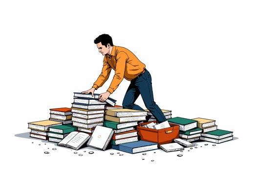 Man Organizing a Large Pile of Books, Sorting Literature for Study or Archiving Amidst Stacks of Colorful Volumes in a Busy and Cluttered Environment