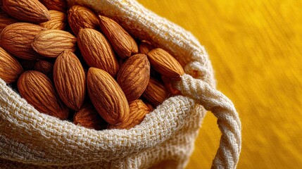 Almonds spilling from small burlap sack creating a simple, organic scene against a vibrant yellow backdrop