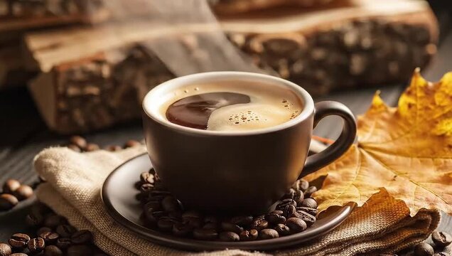 Steaming hot coffee cup with rich crema evokes cozy autumn mornings and warm cafe vibes