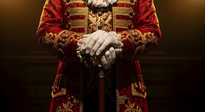 Man in ornate red and gold historical costume holding cane