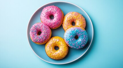colorful doughnuts with vibrant glaze and sprinkles on a plate, isolated against a blue background, food magazine or social media post design