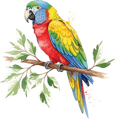 Obraz premium Vibrant colorful parrot perched on a leafy branch tropical bird illustration