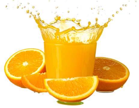 Glass of Orange Juice in Action with Citrus Fruit, isolated on a transparent background.