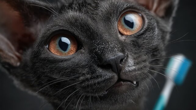 Black devon rex cat holds a toothbrush in its mouth looking directly at the camera, against a dark background, capturing its expressive face and oral hygiene routine