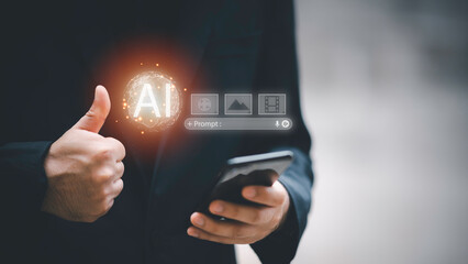 Businessman interacting with AI prompt interface, symbolizing generative artificial intelligence, prompt engineering, content creation by AI, machine learning tools, and digital automation future.