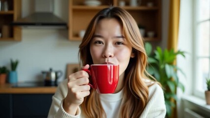 A woman holds a red coffee mug in her hand