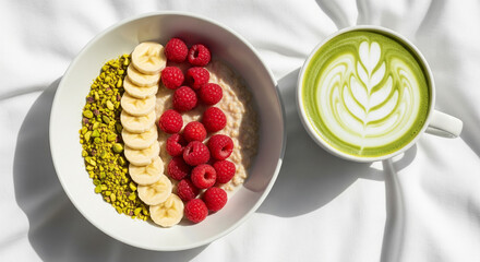 Healthy breakfast bowl with oatmeal, fresh raspberries, banana slices, and pistachios served alongside matcha latte, ideal for wellness, nutrition, and food-related commercial projects