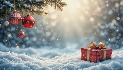 Winter scene with falling snow, glowing sun, frosted ground, and red gift box, festive, cozy holiday atmosphere perfect for Christmas and seasonal campaigns.