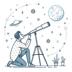 Astronomer with telescope observing the moon and stars in line vector style