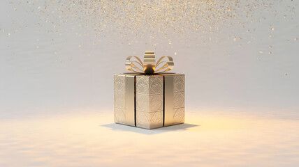 Golden Gift: A meticulously wrapped golden gift box, adorned with an elegant bow, exudes an aura of anticipation and celebration, perfect for conveying sentiments of gratitude and special moments.