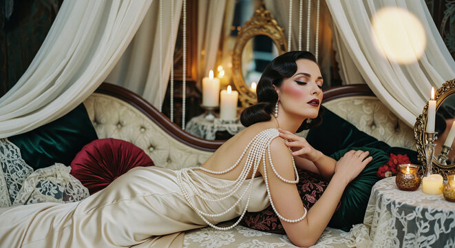 Elegant portrait photograph of a woman lying on a vintage sofa in a satin gown with pearl details, surrounded by candles and classic decor for fashion and editorial use