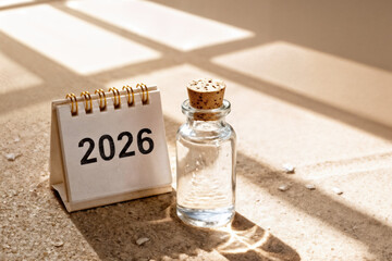Calendar showing year two thousand twenty six with a bottle on a surface with shadows cast on it