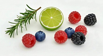 Detailed Cocktail Garnishes Rosemary Lime and Berries Glowing White