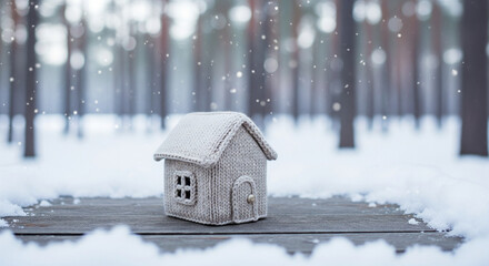 Cozy knitted miniature house on a snowy wooden surface in a winter forest. Soft falling snow, blurred pine trees and gentle bokeh lights create a magical Scandinavian Christmas atmosphere