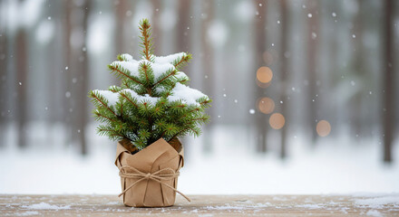 Small snowy Christmas tree in kraft paper pot with rustic twine bow on wooden table outdoors. Falling snow, blurred winter forest background with soft bokeh lights, cozy holiday mood