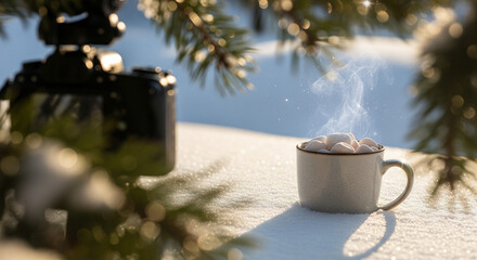 Cozy winter moment: steaming hot chocolate topped with marshmallows in a rustic ceramic mug placed in fresh snow under a Christmas tree, golden sunlight bokeh, magical holiday atmosphere