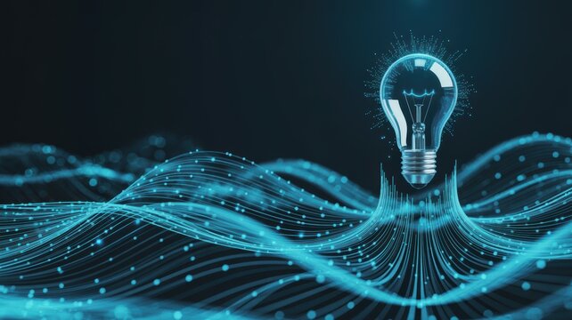Bright light bulb emerging from glowing blue data waves representing innovation and insights - Powered by Adobe