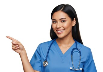 Smiling nurse in blue scrubs with stethoscope pointing to the side isolated on white background