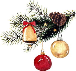 Watercolor Christmas Pine Branch with Ornaments