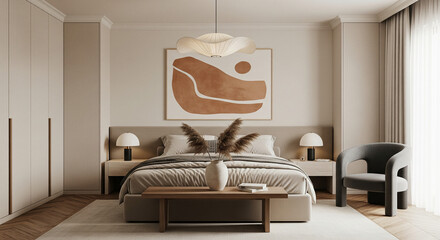 Luxurious minimalist bedroom in warm neutral palette: king bed with beige upholstered headboard, large abstract terracotta artwork, pampas grass vase, sculptural pendant light, built-in wardrobes