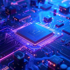Close-up of a central processing unit on a circuit board, lit up