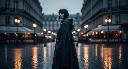 Mysterious young woman with sharp black bob and bangs in dramatic black hooded cape standing alone on snowy Paris street at dusk. Wet cobblestones reflect warm café lights, cinematic moody winter