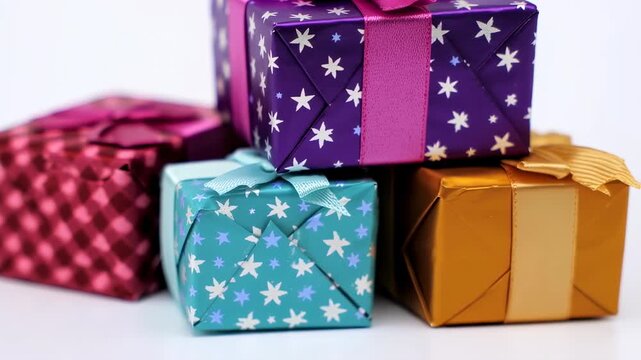 Colorful Gift Boxes Stacked on White Background for Celebrations and Holidays.