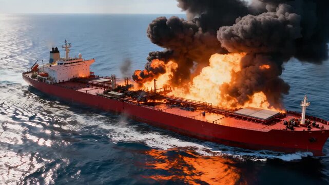 Maritime disaster unfolds, Fire engulfs ship on bright afternoon sea